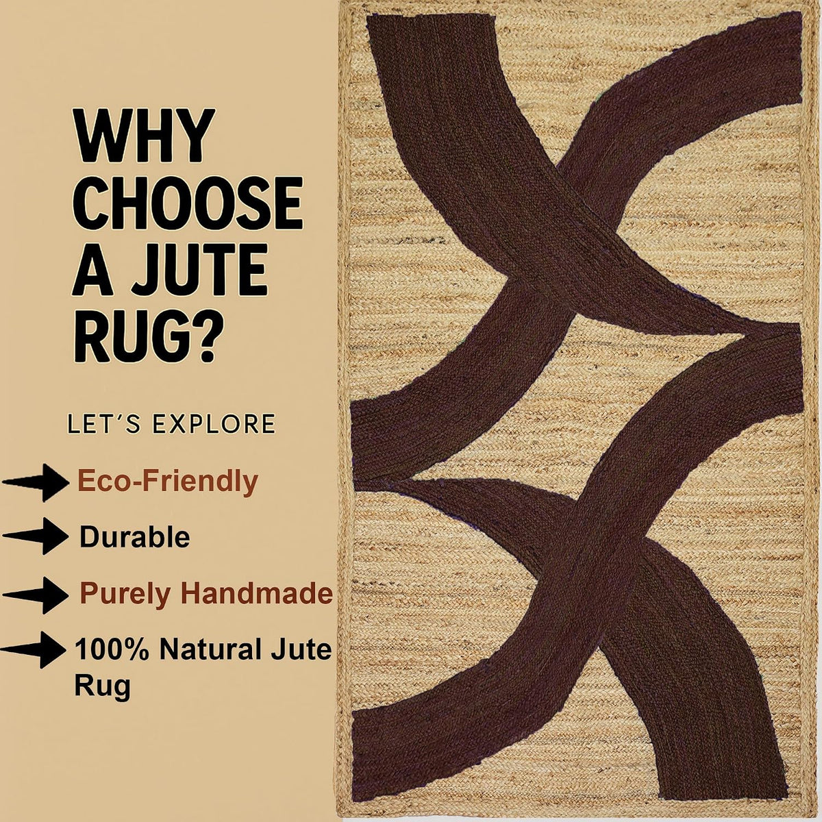 Premium Quality Jute Rug 4x6 Feet Area Rug Natural Fiber Jute Rugs Thick 0.27" Black Abstract Pattern Geometric Rugs for Kids Room, Living Room, Yoga Mat, Indoor Outdoor Carpet - Colors B