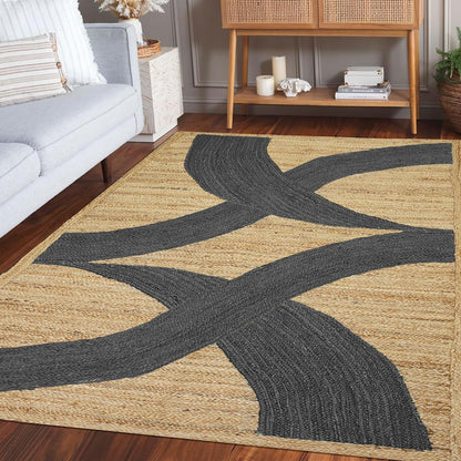 Premium Quality Jute Rug 4x6 Feet Area Rug Natural Fiber Jute Rugs Thick 0.27" Black Abstract Pattern Geometric Rugs for Kids Room, Living Room, Yoga Mat, Indoor Outdoor Carpet - Colors B