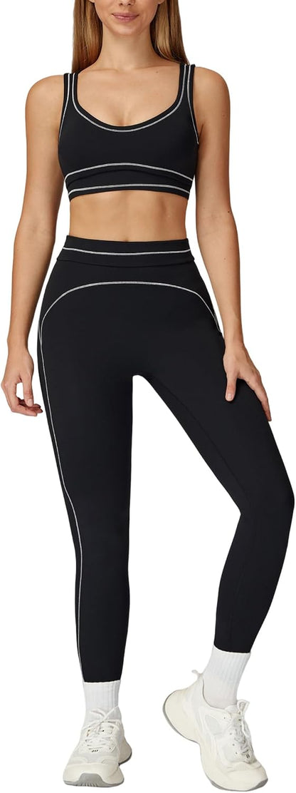 Women 2 Piece Workout U Back Color Block Sports Bra High Waist Tummy Control Active Leggings Yoga Pilates Outfits