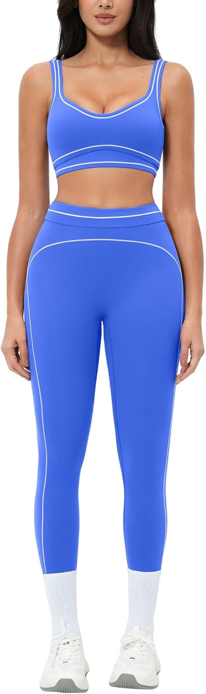 Women 2 Piece Workout U Back Color Block Sports Bra High Waist Tummy Control Active Leggings Yoga Pilates Outfits