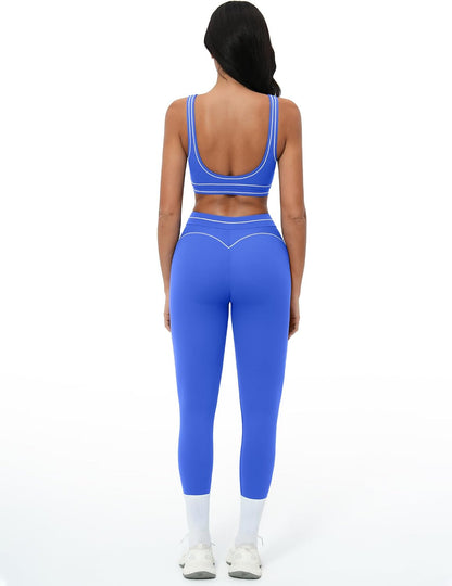 Women 2 Piece Workout U Back Color Block Sports Bra High Waist Tummy Control Active Leggings Yoga Pilates Outfits