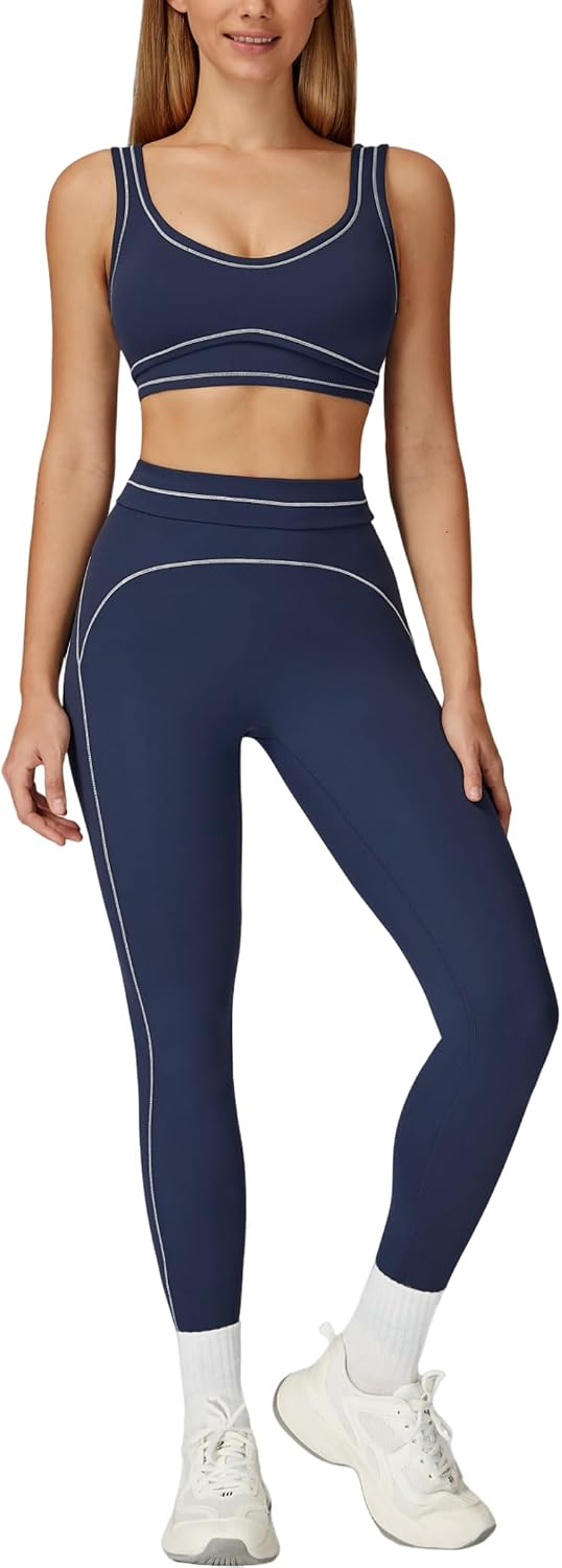 Women 2 Piece Workout U Back Color Block Sports Bra High Waist Tummy Control Active Leggings Yoga Pilates Outfits