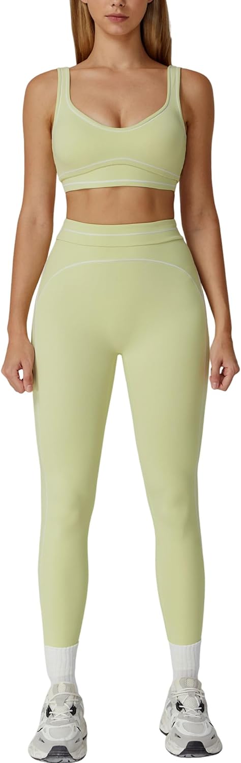 Women 2 Piece Workout U Back Color Block Sports Bra High Waist Tummy Control Active Leggings Yoga Pilates Outfits