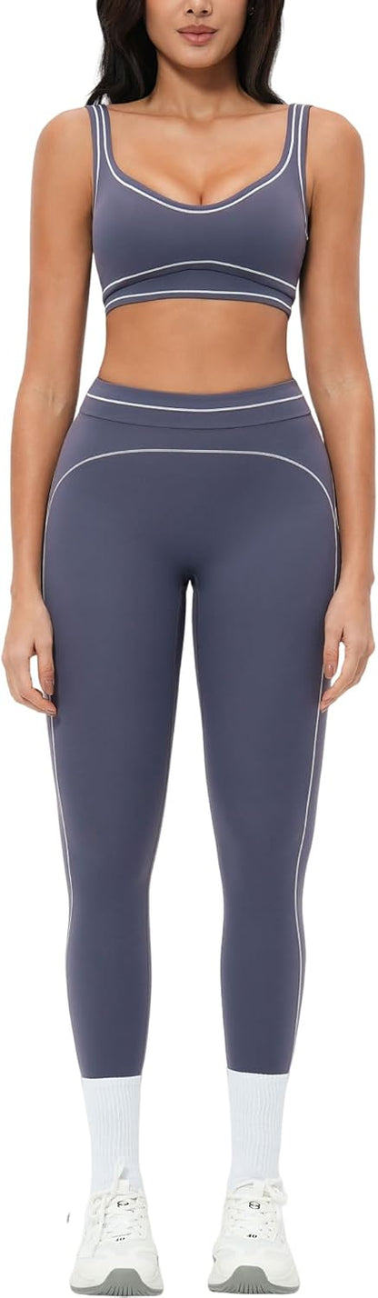 Women 2 Piece Workout U Back Color Block Sports Bra High Waist Tummy Control Active Leggings Yoga Pilates Outfits