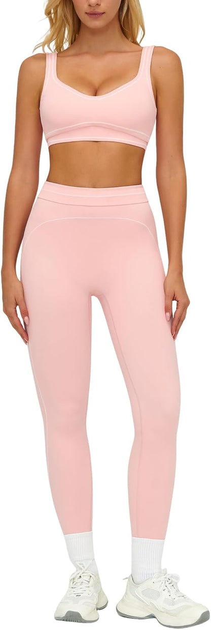 Women 2 Piece Workout U Back Color Block Sports Bra High Waist Tummy Control Active Leggings Yoga Pilates Outfits