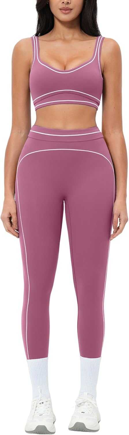 Women 2 Piece Workout U Back Color Block Sports Bra High Waist Tummy Control Active Leggings Yoga Pilates Outfits