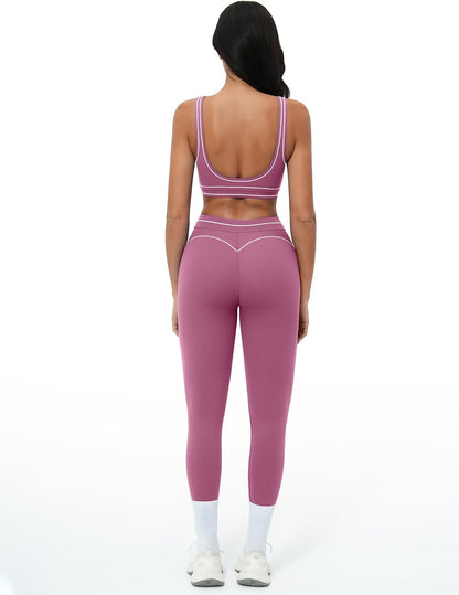 Women 2 Piece Workout U Back Color Block Sports Bra High Waist Tummy Control Active Leggings Yoga Pilates Outfits