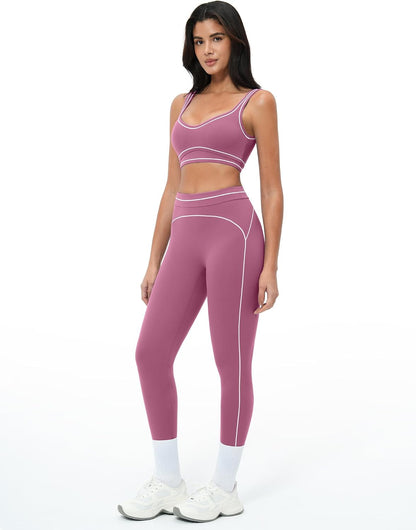 Women 2 Piece Workout U Back Color Block Sports Bra High Waist Tummy Control Active Leggings Yoga Pilates Outfits