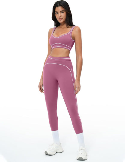 Women 2 Piece Workout U Back Color Block Sports Bra High Waist Tummy Control Active Leggings Yoga Pilates Outfits