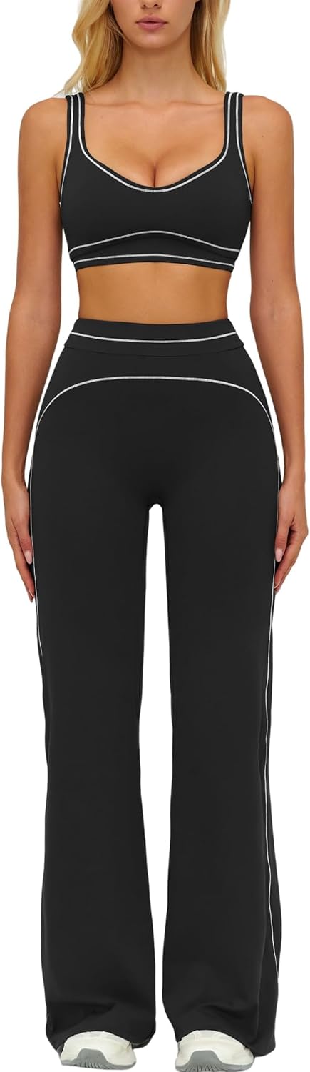 Women 2 Piece Workout U Back Color Block Sports Bra High Waist Tummy Control Active Leggings Yoga Pilates Outfits