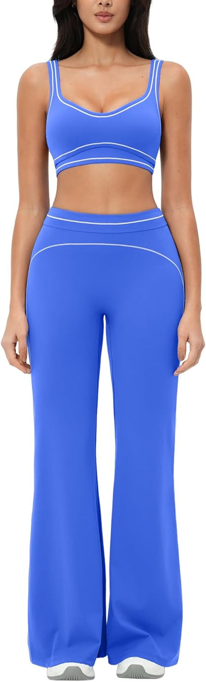 Women 2 Piece Workout U Back Color Block Sports Bra High Waist Tummy Control Active Leggings Yoga Pilates Outfits
