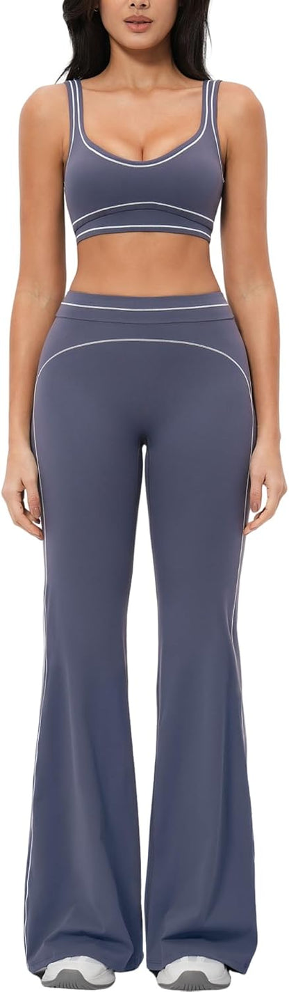 Women 2 Piece Workout U Back Color Block Sports Bra High Waist Tummy Control Active Leggings Yoga Pilates Outfits