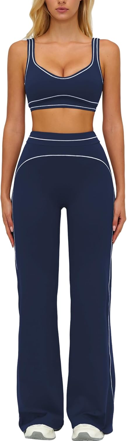 Women 2 Piece Workout U Back Color Block Sports Bra High Waist Tummy Control Active Leggings Yoga Pilates Outfits