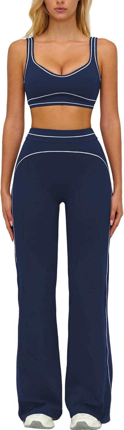 Women 2 Piece Workout U Back Color Block Sports Bra High Waist Tummy Control Active Leggings Yoga Pilates Outfits