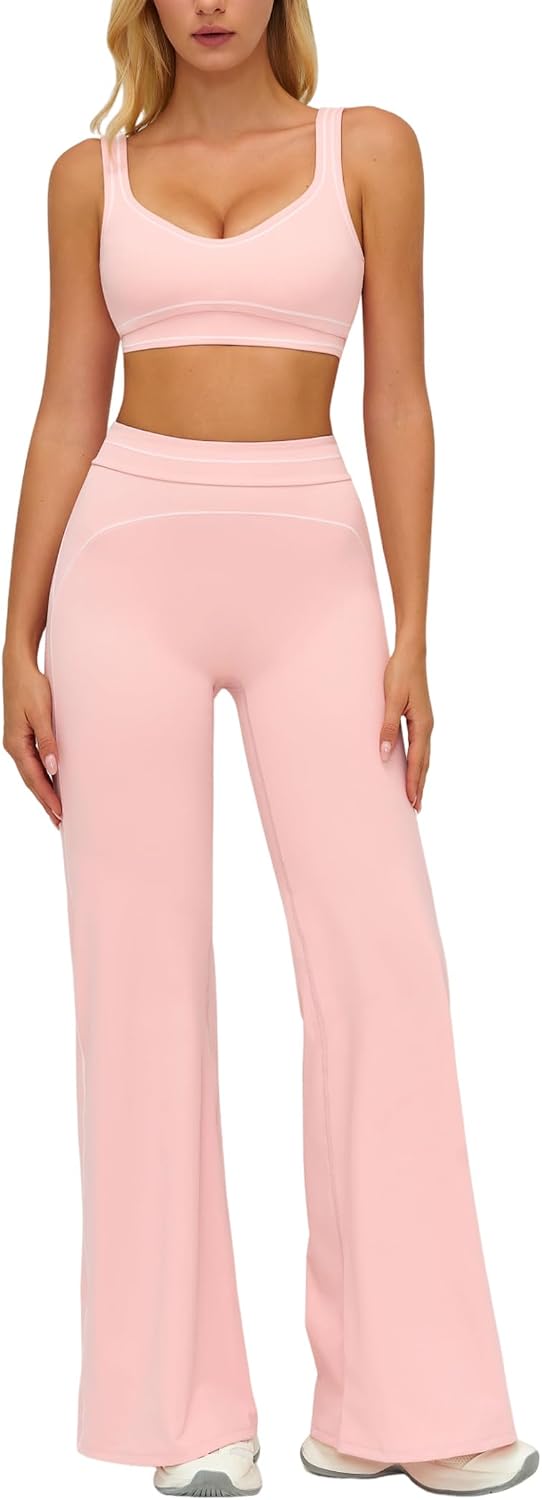 Women 2 Piece Workout U Back Color Block Sports Bra High Waist Tummy Control Active Leggings Yoga Pilates Outfits