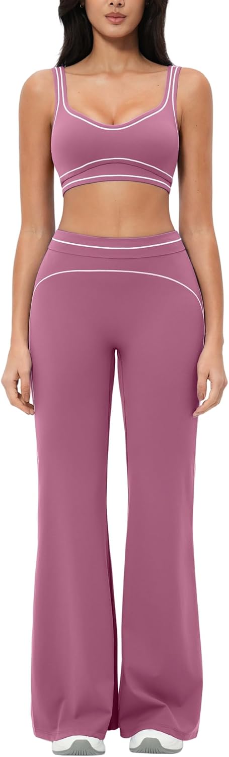 Women 2 Piece Workout U Back Color Block Sports Bra High Waist Tummy Control Active Leggings Yoga Pilates Outfits