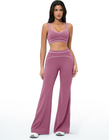 Women 2 Piece Workout U Back Color Block Sports Bra High Waist Tummy Control Active Leggings Yoga Pilates Outfits