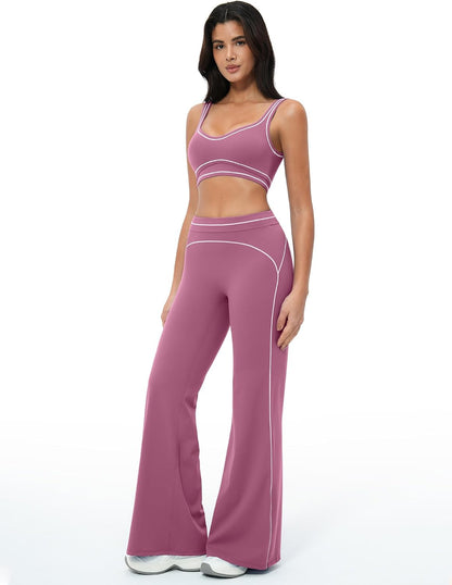 Women 2 Piece Workout U Back Color Block Sports Bra High Waist Tummy Control Active Leggings Yoga Pilates Outfits
