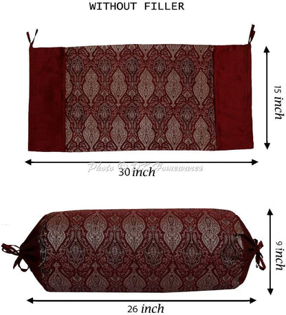 Ethnic Jacquard Brocade Silk Bolster Cushion Covers for Bed Damask Maroon Yoga Massand Living Room Decorative Cylindrical Hotdog Traditional Throw Pillowcase 76x38 cm - Set of 2 Pcs