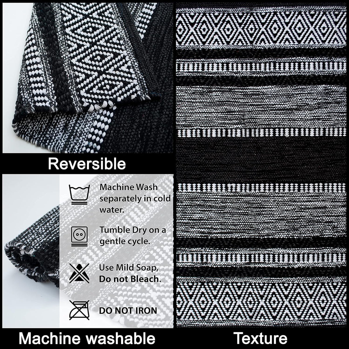 Farmhouse Rug 24''x36'' Black-White | Recycled Cotton Hand Woven Rug, Long Boho Rug | Perfect for Hallways, Kitchens, Bathroom, bedrooms, Meditation Yoga Mat | Machine Wash