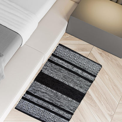 Farmhouse Rug 24''x36'' Black-White | Recycled Cotton Hand Woven Rug, Long Boho Rug | Perfect for Hallways, Kitchens, Bathroom, bedrooms, Meditation Yoga Mat | Machine Wash
