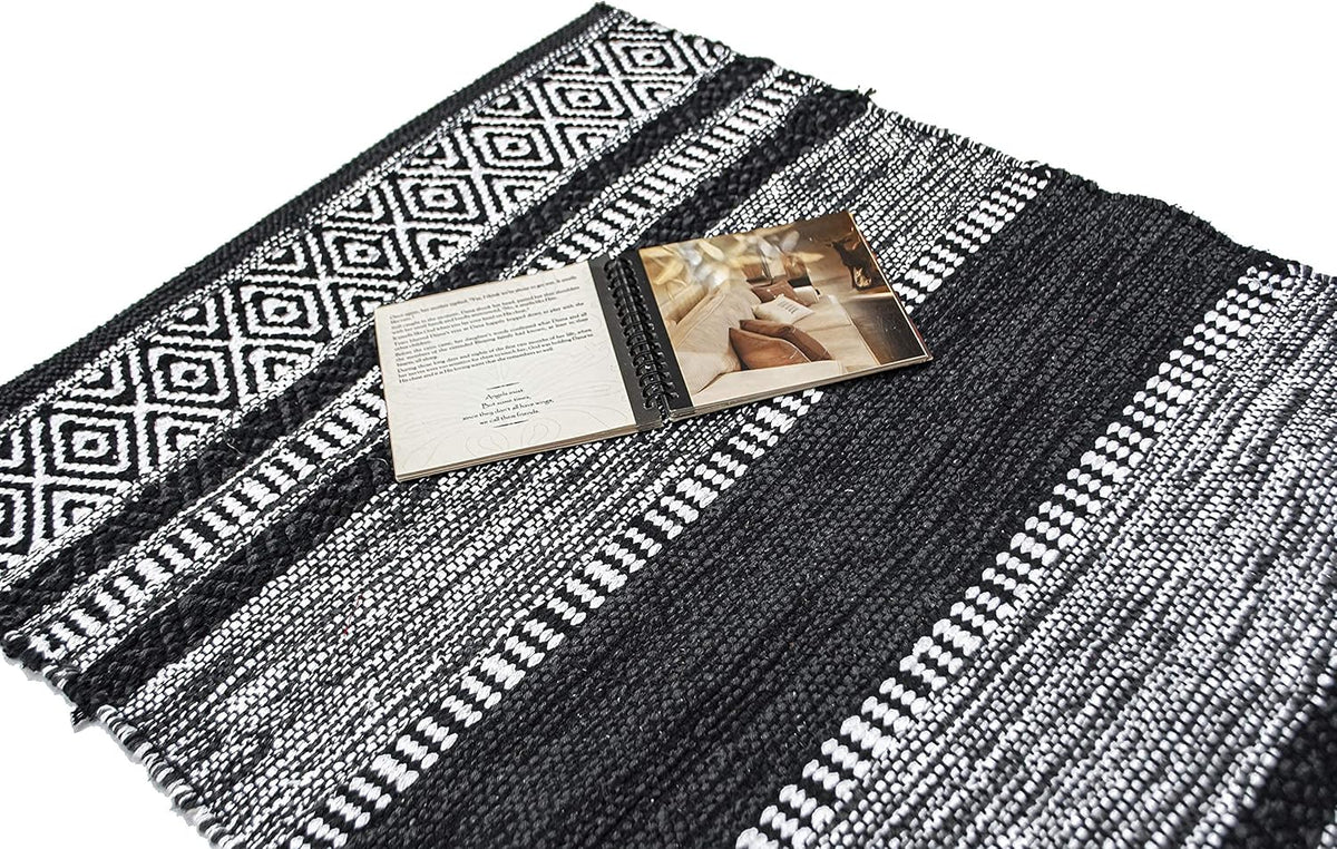 Farmhouse Rug 24''x36'' Black-White | Recycled Cotton Hand Woven Rug, Long Boho Rug | Perfect for Hallways, Kitchens, Bathroom, bedrooms, Meditation Yoga Mat | Machine Wash