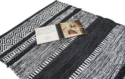Farmhouse Rug 24''x36'' Black-White | Recycled Cotton Hand Woven Rug, Long Boho Rug | Perfect for Hallways, Kitchens, Bathroom, bedrooms, Meditation Yoga Mat | Machine Wash