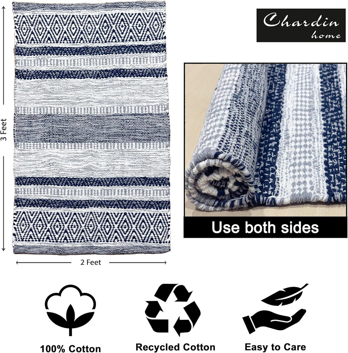 Farmhouse Rug 24''x36'' Black-White | Recycled Cotton Hand Woven Rug, Long Boho Rug | Perfect for Hallways, Kitchens, Bathroom, bedrooms, Meditation Yoga Mat | Machine Wash