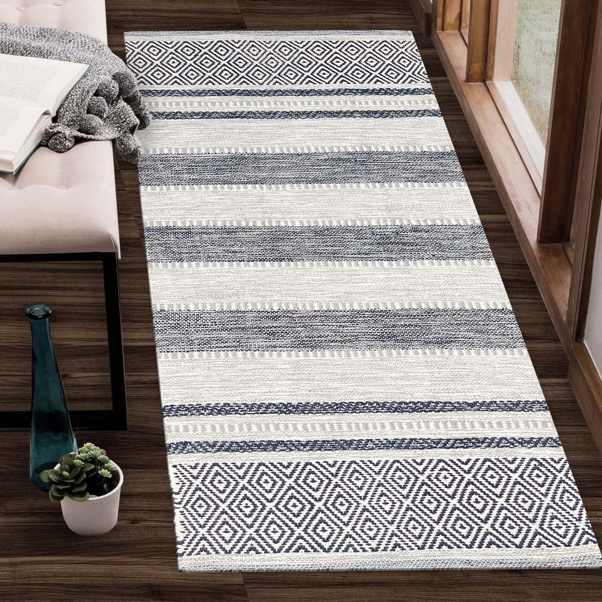 Farmhouse Rug 24''x36'' Black-White | Recycled Cotton Hand Woven Rug, Long Boho Rug | Perfect for Hallways, Kitchens, Bathroom, bedrooms, Meditation Yoga Mat | Machine Wash