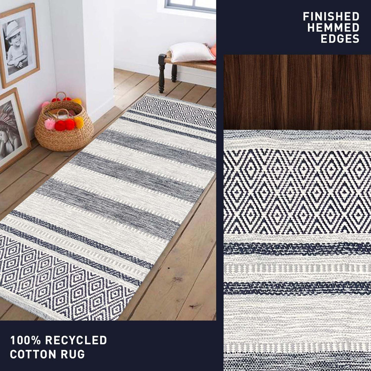 Farmhouse Rug 24''x36'' Black-White | Recycled Cotton Hand Woven Rug, Long Boho Rug | Perfect for Hallways, Kitchens, Bathroom, bedrooms, Meditation Yoga Mat | Machine Wash