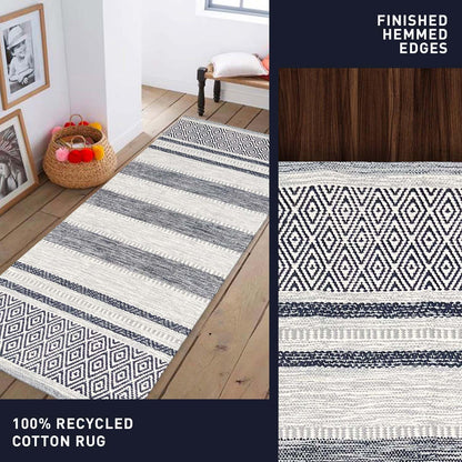 Farmhouse Rug 24''x36'' Black-White | Recycled Cotton Hand Woven Rug, Long Boho Rug | Perfect for Hallways, Kitchens, Bathroom, bedrooms, Meditation Yoga Mat | Machine Wash