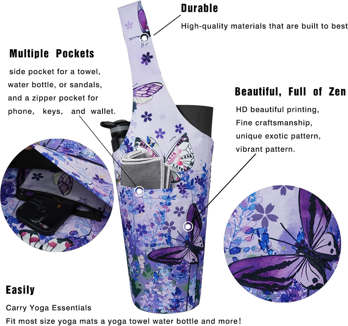 Yoga Mat Bag - Long Tote with Pockets - Holds More Yoga Accessories - Yoga Bag Fit Most Size Mats - Yoga Mat Carrier