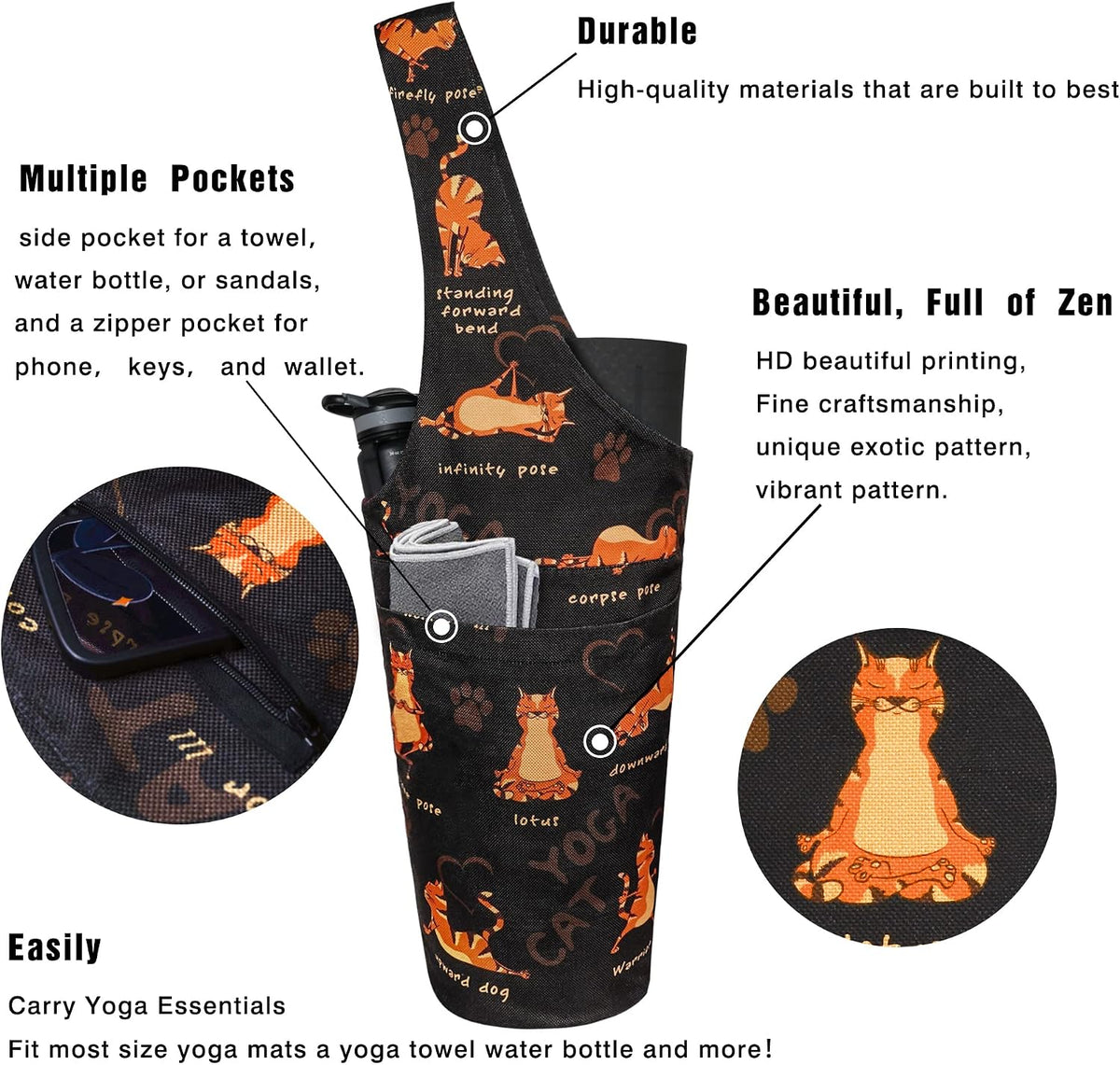 Yoga Mat Bag - Long Tote with Pockets - Holds More Yoga Accessories - Yoga Bag Fit Most Size Mats - Yoga Mat Carrier