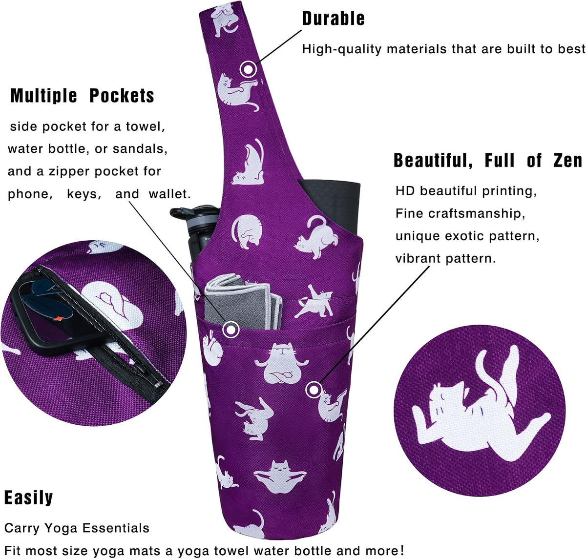 Yoga Mat Bag - Long Tote with Pockets - Holds More Yoga Accessories - Yoga Bag Fit Most Size Mats - Yoga Mat Carrier