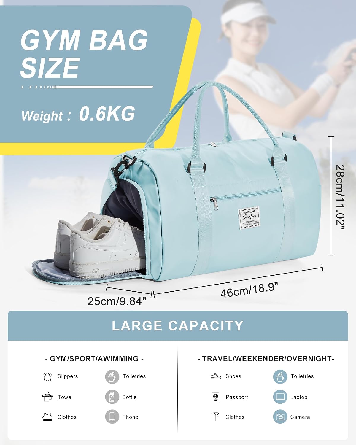 Gym Bag Womens Mens with Shoes Compartment and Wet Pocket Travel Duffel Bag for Women for Plane Sport Gym Tote Bags Swimming Yoga Waterproof Weekend Overnight Carry on Bag Hospital Holdalls