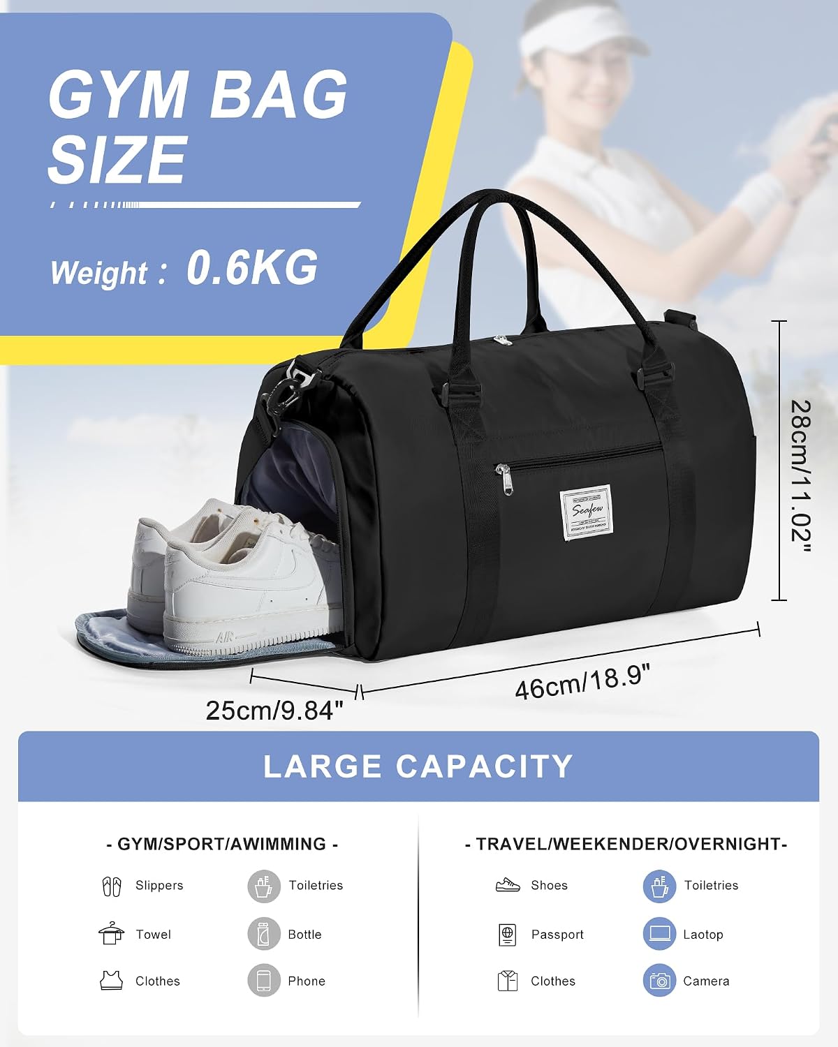 Gym Bag Womens Mens with Shoes Compartment and Wet Pocket Travel Duffel Bag for Women for Plane Sport Gym Tote Bags Swimming Yoga Waterproof Weekend Overnight Carry on Bag Hospital Holdalls