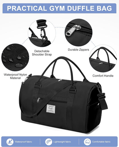Gym Bag Womens Mens with Shoes Compartment and Wet Pocket Travel Duffel Bag for Women for Plane Sport Gym Tote Bags Swimming Yoga Waterproof Weekend Overnight Carry on Bag Hospital Holdalls