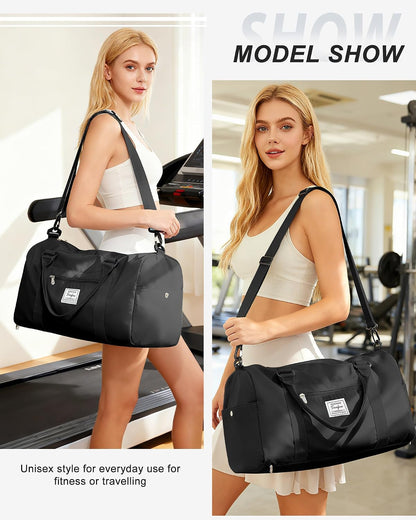 Gym Bag Womens Mens with Shoes Compartment and Wet Pocket Travel Duffel Bag for Women for Plane Sport Gym Tote Bags Swimming Yoga Waterproof Weekend Overnight Carry on Bag Hospital Holdalls