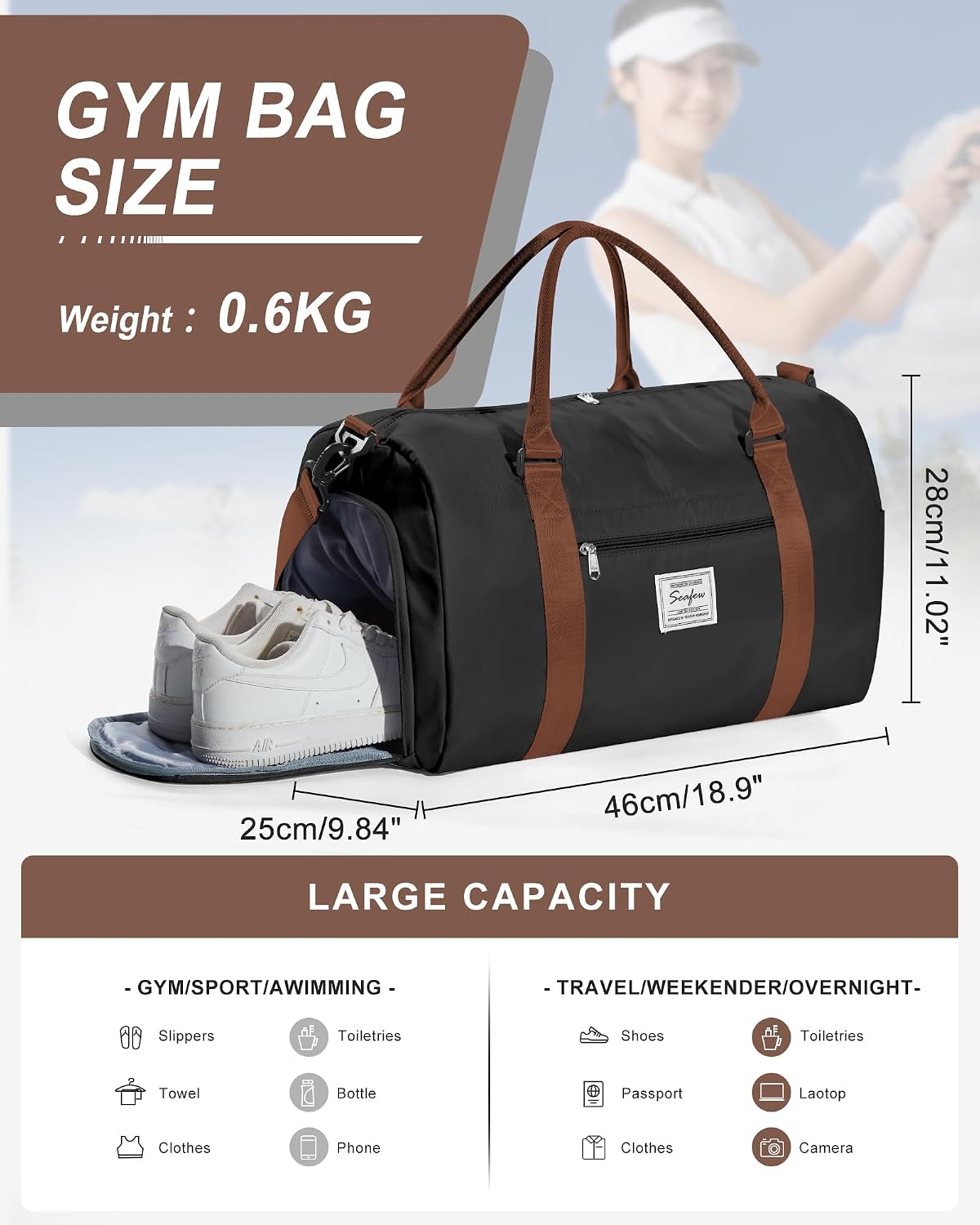 Gym Bag Womens Mens with Shoes Compartment and Wet Pocket Travel Duffel Bag for Women for Plane Sport Gym Tote Bags Swimming Yoga Waterproof Weekend Overnight Carry on Bag Hospital Holdalls