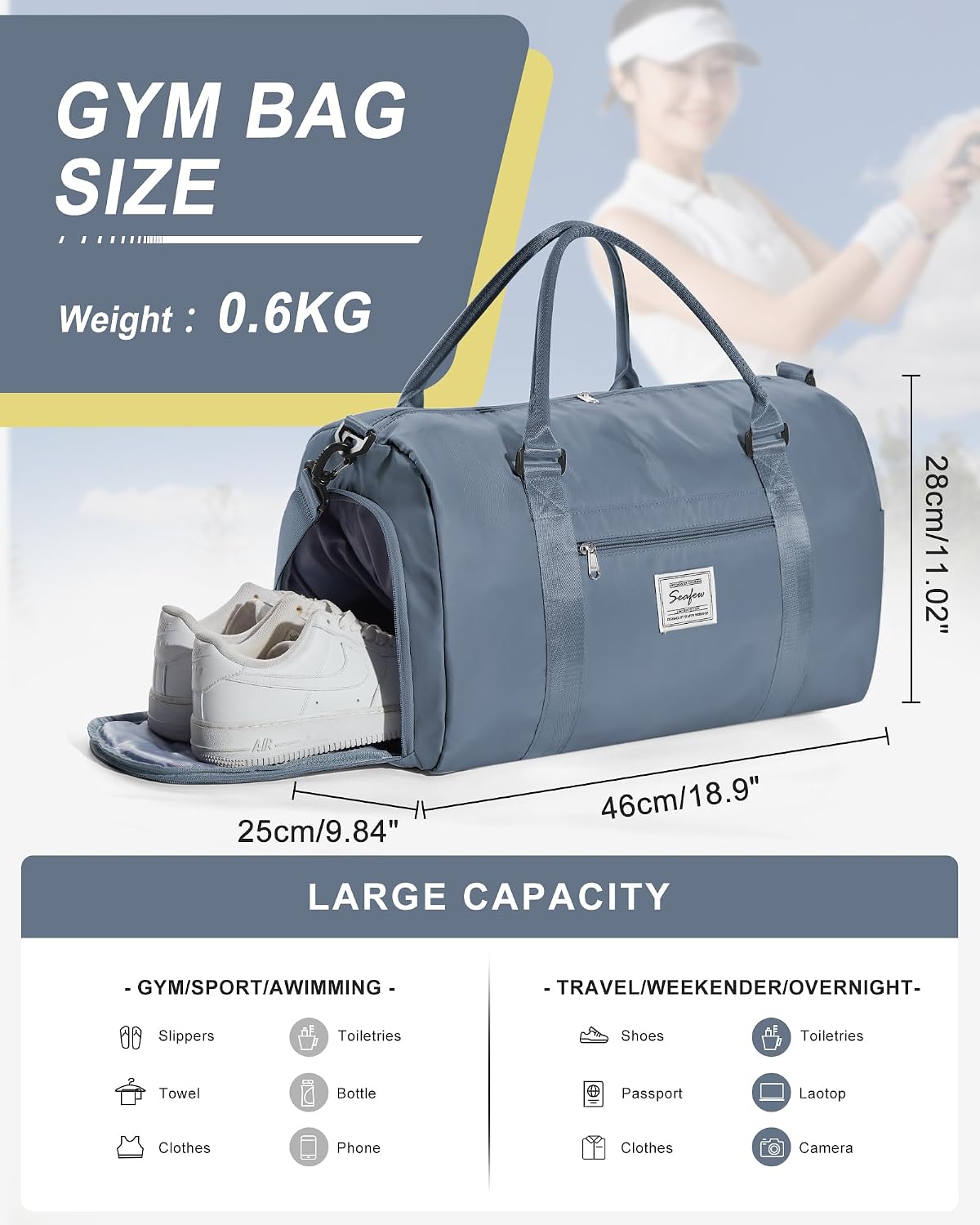 Gym Bag Womens Mens with Shoes Compartment and Wet Pocket Travel Duffel Bag for Women for Plane Sport Gym Tote Bags Swimming Yoga Waterproof Weekend Overnight Carry on Bag Hospital Holdalls