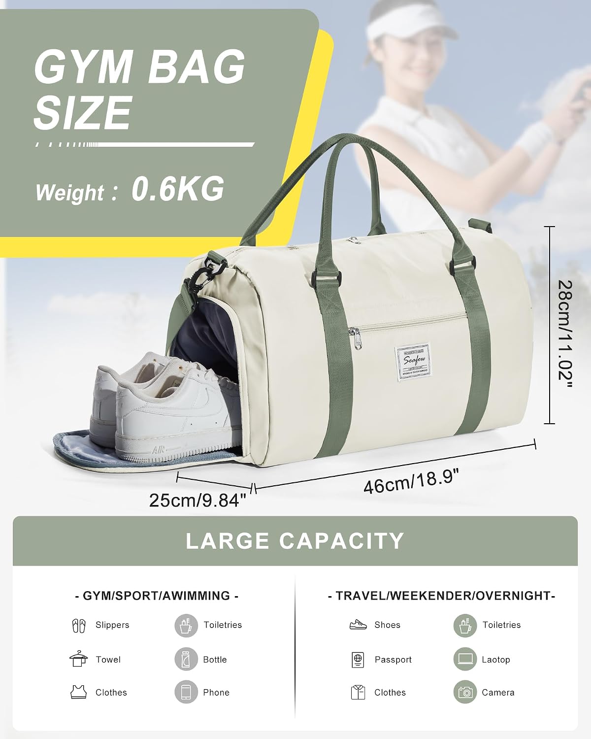 Gym Bag Womens Mens with Shoes Compartment and Wet Pocket Travel Duffel Bag for Women for Plane Sport Gym Tote Bags Swimming Yoga Waterproof Weekend Overnight Carry on Bag Hospital Holdalls
