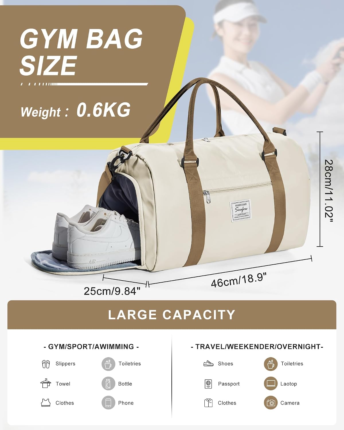 Gym Bag Womens Mens with Shoes Compartment and Wet Pocket Travel Duffel Bag for Women for Plane Sport Gym Tote Bags Swimming Yoga Waterproof Weekend Overnight Carry on Bag Hospital Holdalls