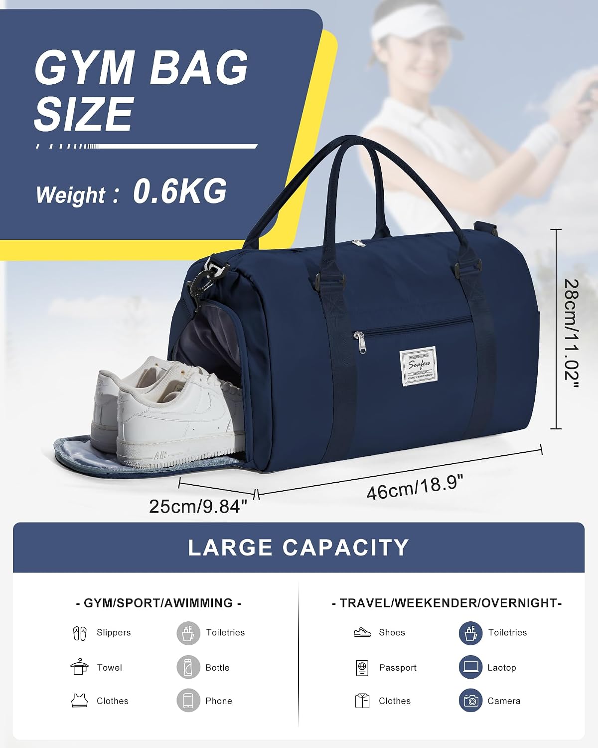 Gym Bag Womens Mens with Shoes Compartment and Wet Pocket Travel Duffel Bag for Women for Plane Sport Gym Tote Bags Swimming Yoga Waterproof Weekend Overnight Carry on Bag Hospital Holdalls