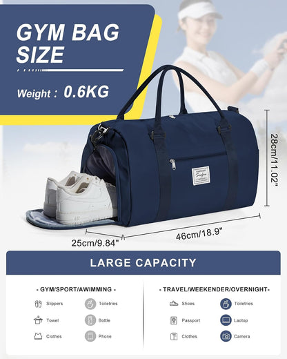 Gym Bag Womens Mens with Shoes Compartment and Wet Pocket Travel Duffel Bag for Women for Plane Sport Gym Tote Bags Swimming Yoga Waterproof Weekend Overnight Carry on Bag Hospital Holdalls
