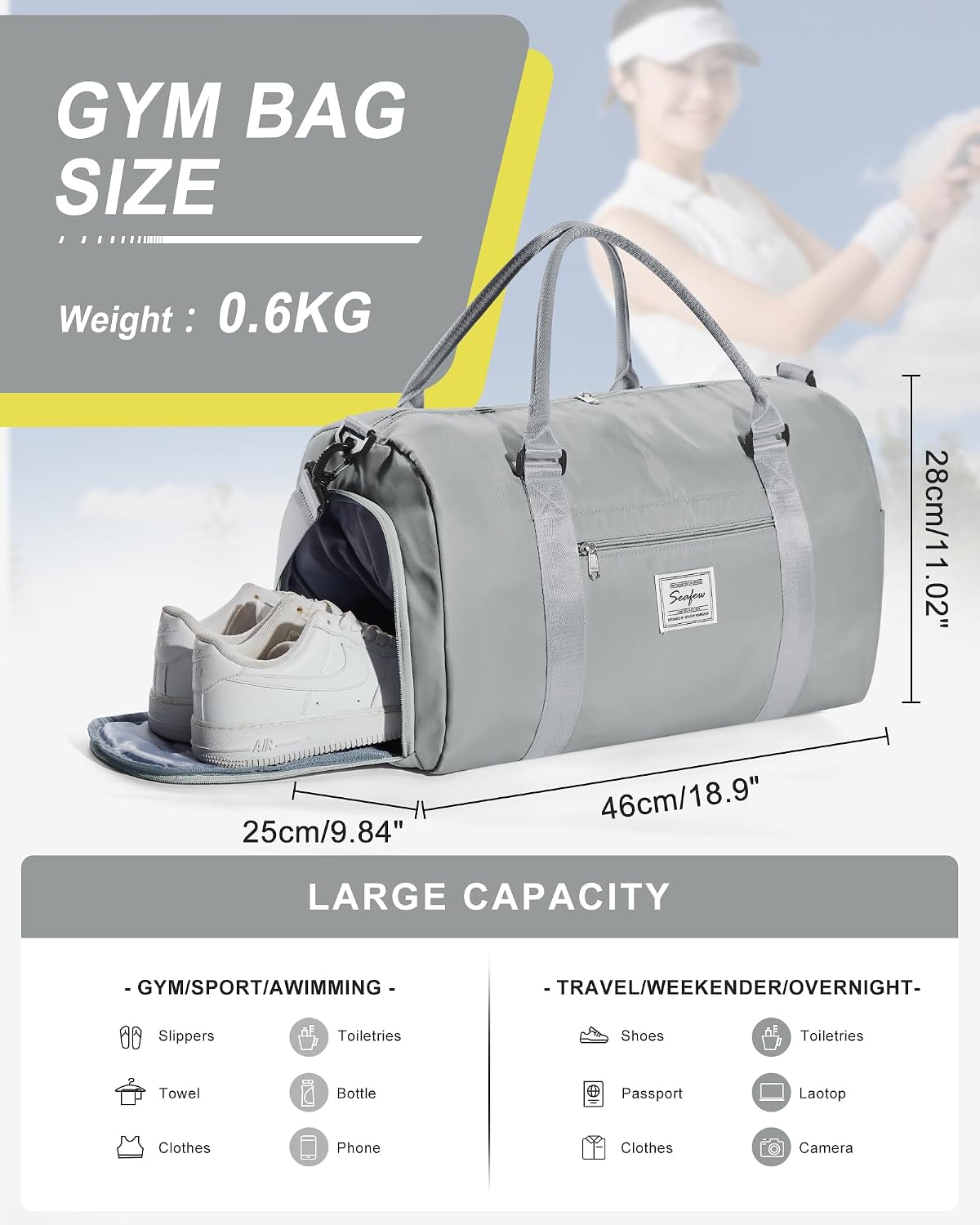 Gym Bag Womens Mens with Shoes Compartment and Wet Pocket Travel Duffel Bag for Women for Plane Sport Gym Tote Bags Swimming Yoga Waterproof Weekend Overnight Carry on Bag Hospital Holdalls