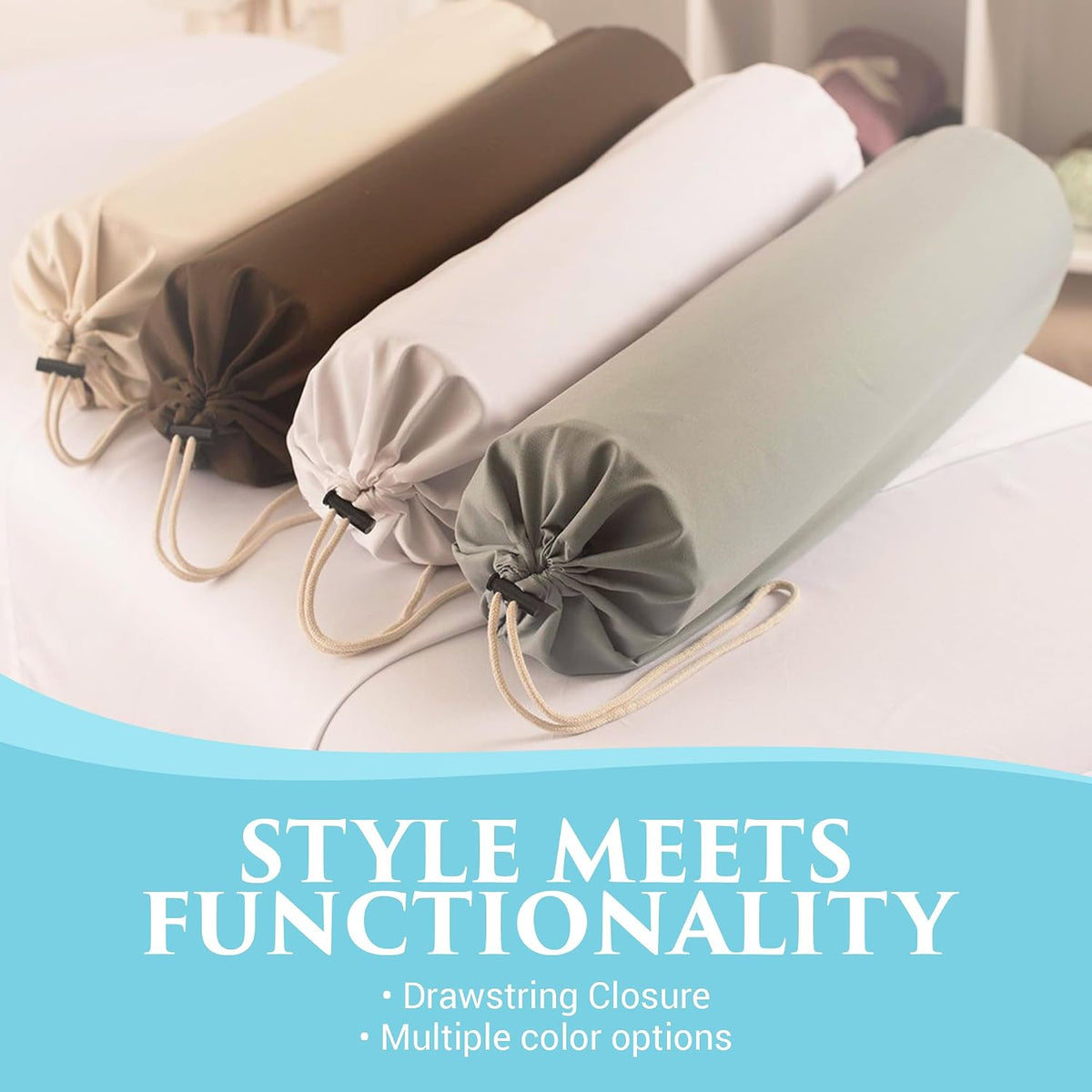 Microfiber Bolster Covers Round Massage Bolster Pillow Covers - Natural - 6" x 27" - 100% Polyester Microfiber - Soft & Durable - Protection from Stains & Oil - Drawstring Closure