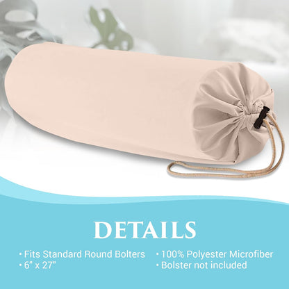 Microfiber Bolster Covers Round Massage Bolster Pillow Covers - Natural - 6" x 27" - 100% Polyester Microfiber - Soft & Durable - Protection from Stains & Oil - Drawstring Closure