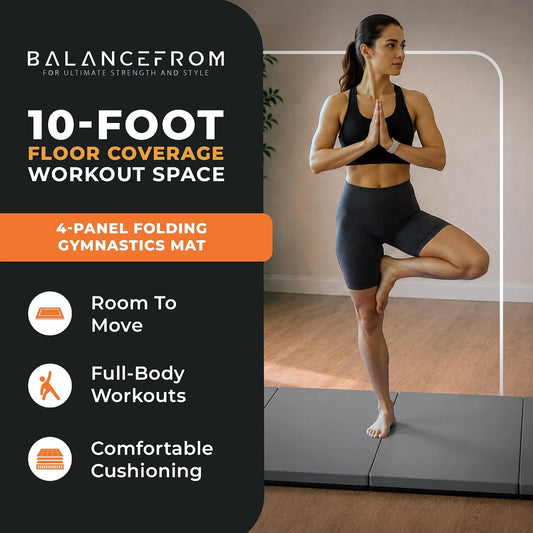 BalanceFrom 10x4 Feet 4-Panel Folding Gymnastics Mat – 2-Inch Thick Pad with Vinyl Surface and Carrying Handles for Tumbling, Yoga, Pilates, Home Workouts, and Martial Arts