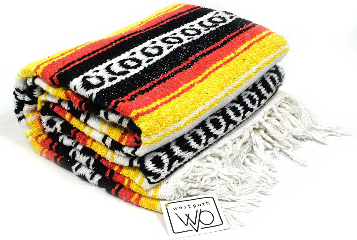 Open Road Goods Heavyweight Mexican Falsa Yoga Blanket, Extra Thick with Stripes - Great Beach, Picnic, or Throw - Handmade Sunfire Red, Orange, and Black Colors