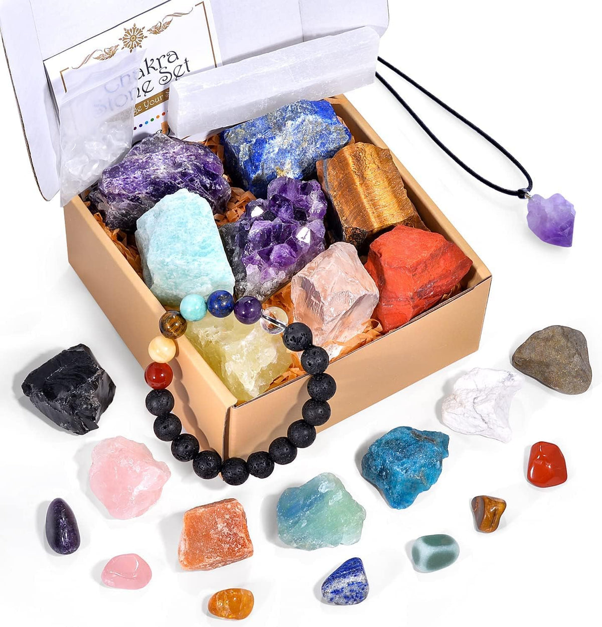 17Pcs Crystals and Healing Stones, 14Pcs Real Raw Chakra Stones Set, Selenite Charging Plate, Amethyst Necklace, Rose Quartz, Mothers Day Gifts, Gift Box, Guide for Beginners, Collection, Meditation, Yoga